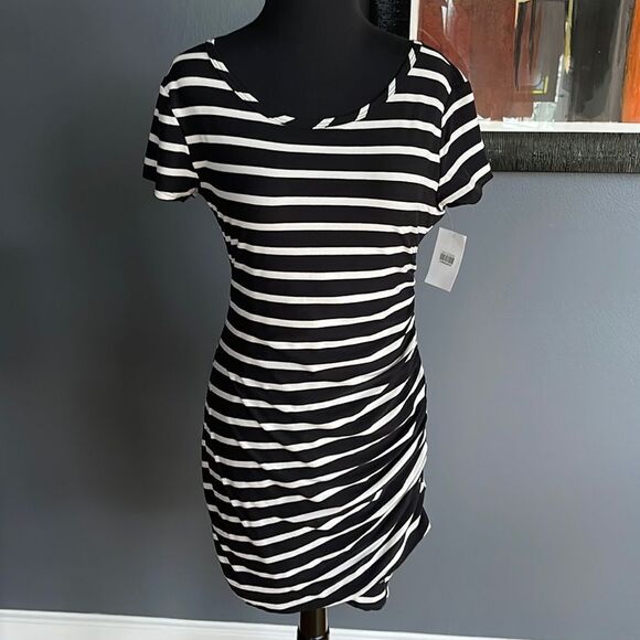 Moa Moa black/white stripe tee shirt style overlapping hem ruched side mini. NWT - Picture 1 of 5
